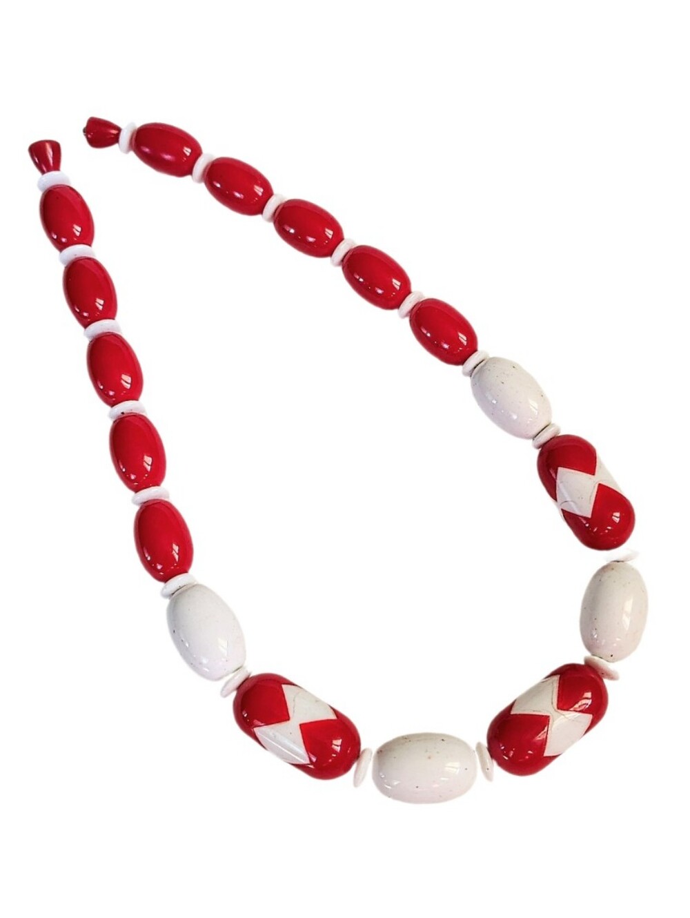 🆕 Vintage Avon 1987 Red White Lucite Barrel Bead Strand Necklace